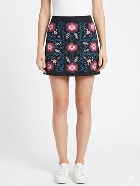 Miami Black Mini Skirt with Pink & Blue Floral Embroidery
